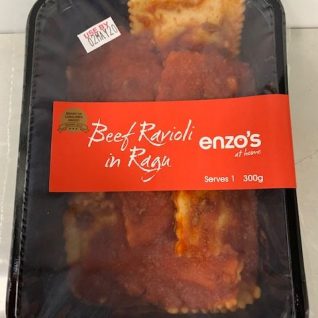 ENZOS AT HOME BEEF RAVIOLI IN RAGU