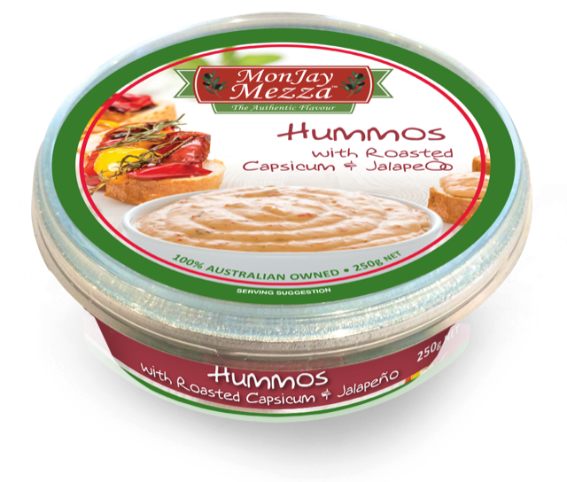 MONJAY MEZZA HUMMOS WITH ROASTED CAPSICUM + JALAPENO DIP