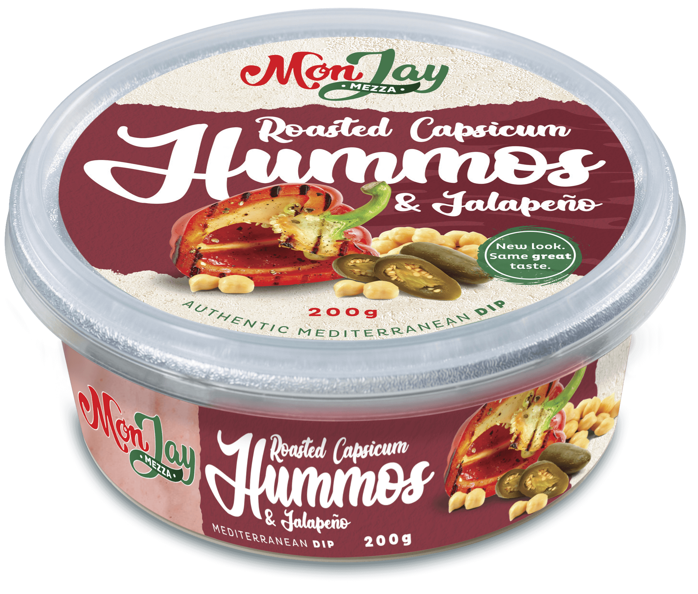 MONJAY MEZZA HUMMOS WITH ROASTED CAPSICUM + JALAPENO DIP